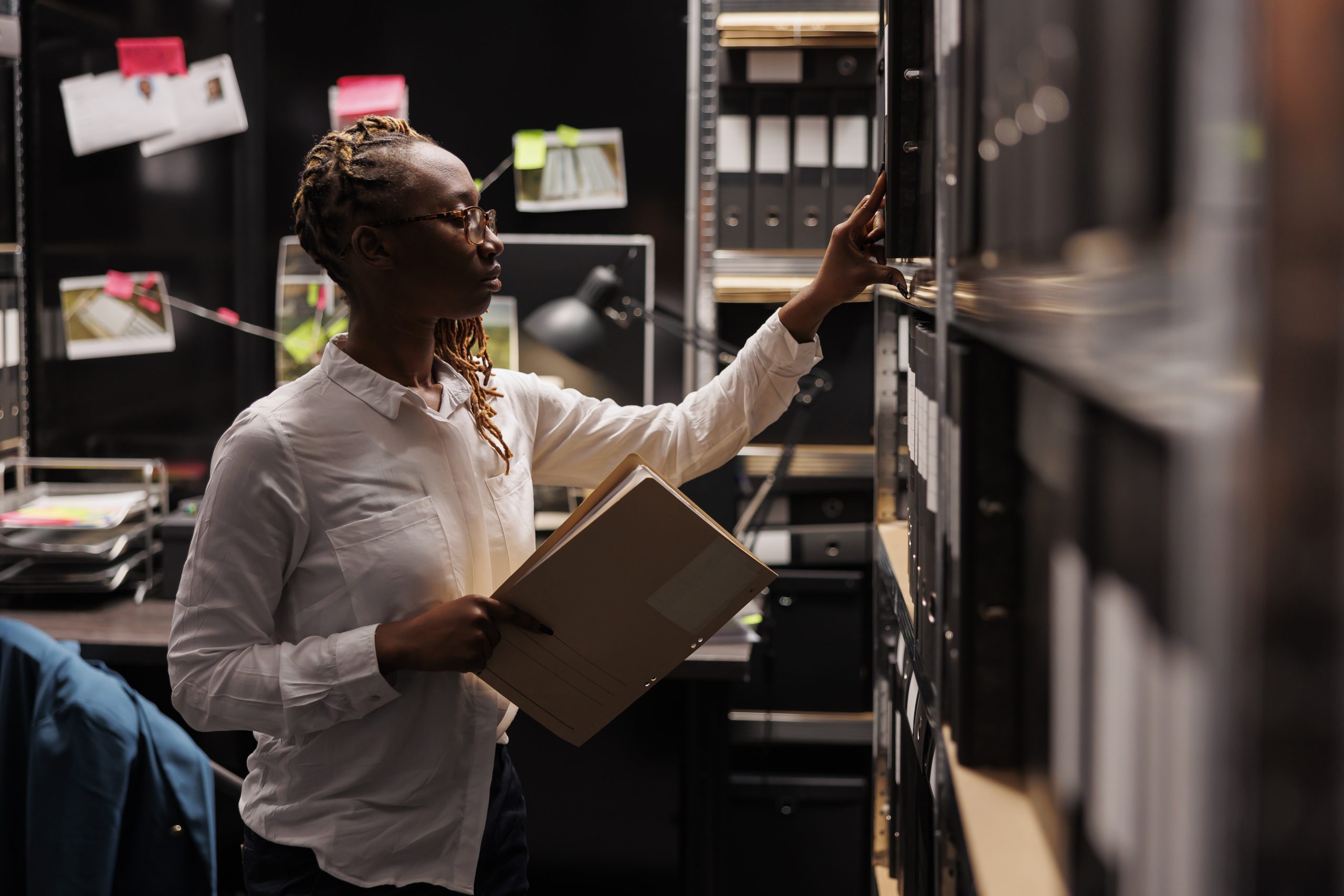 Police investigator searching crime case file in records storage. Law enforcement detective taking forensic report from rack to analyze criminal investigation information